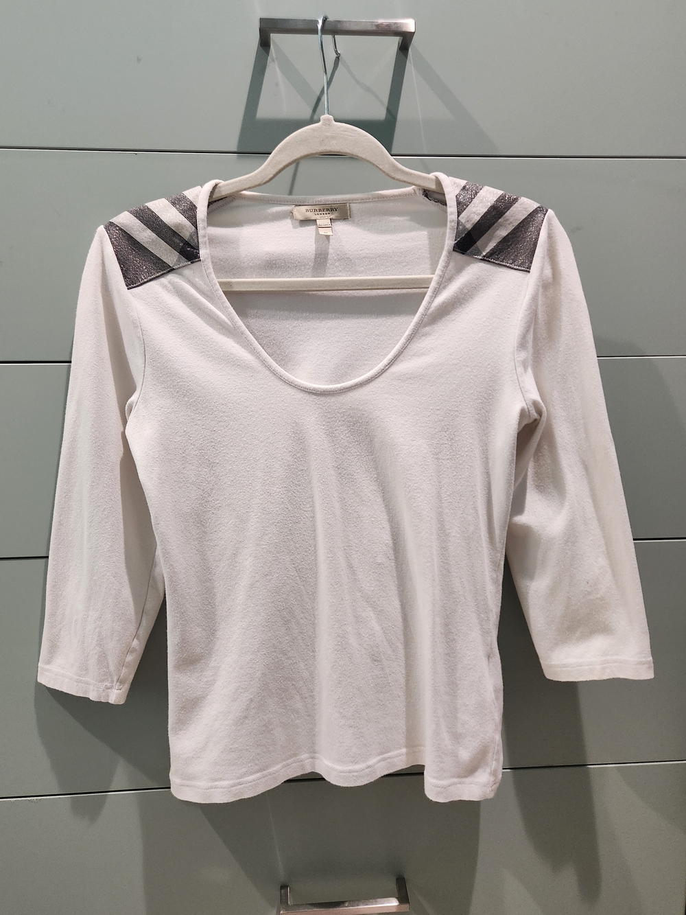 Burberry Scoop Neck 3/4 Sleeve Top with Embellished Shoulders
